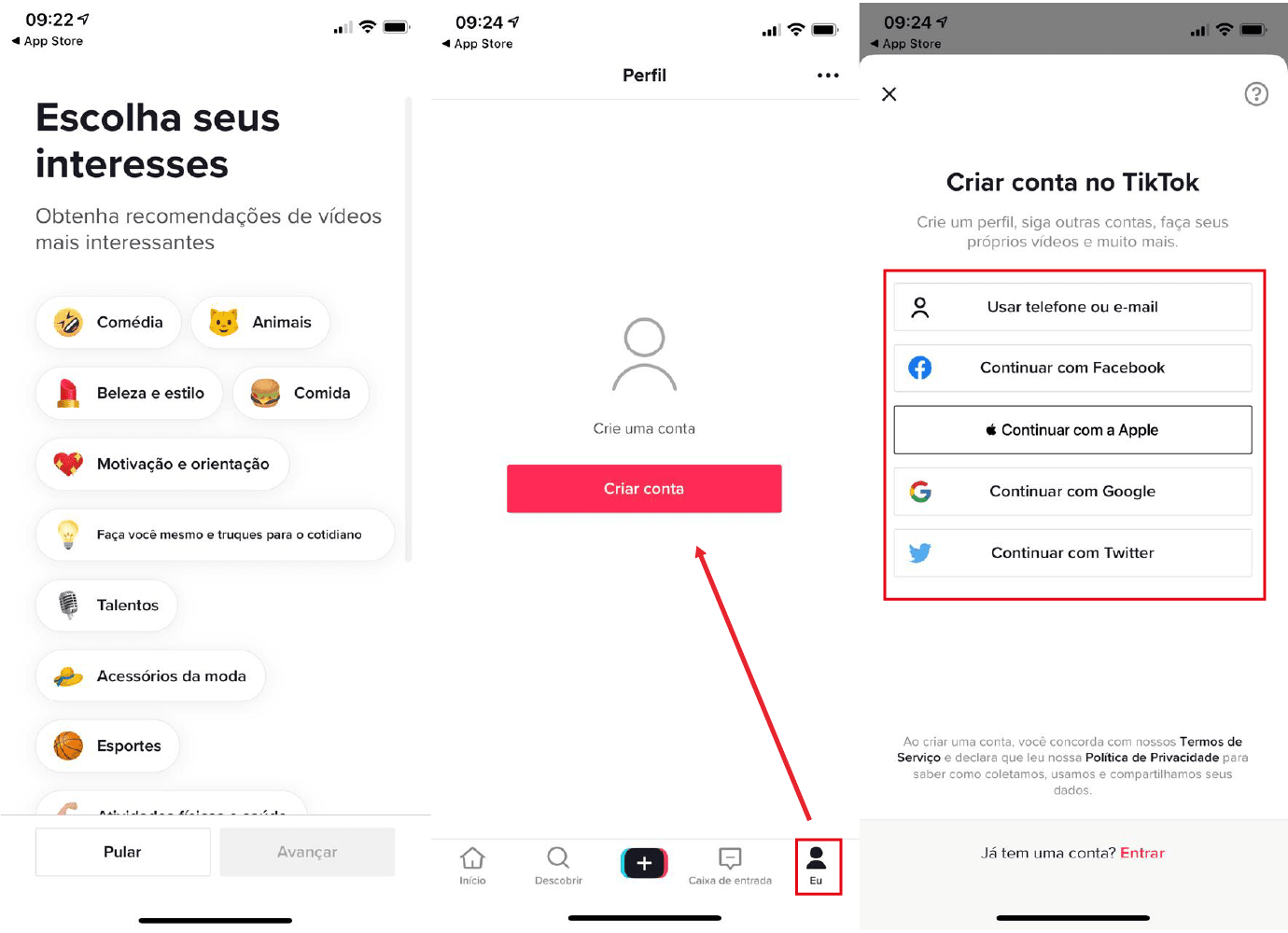 crie uma conta no tiktok