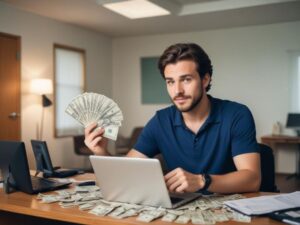 man in a room, in front of a computer and with money in his hand